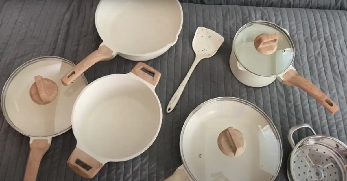 White Pots And Pans With Wooden Handles