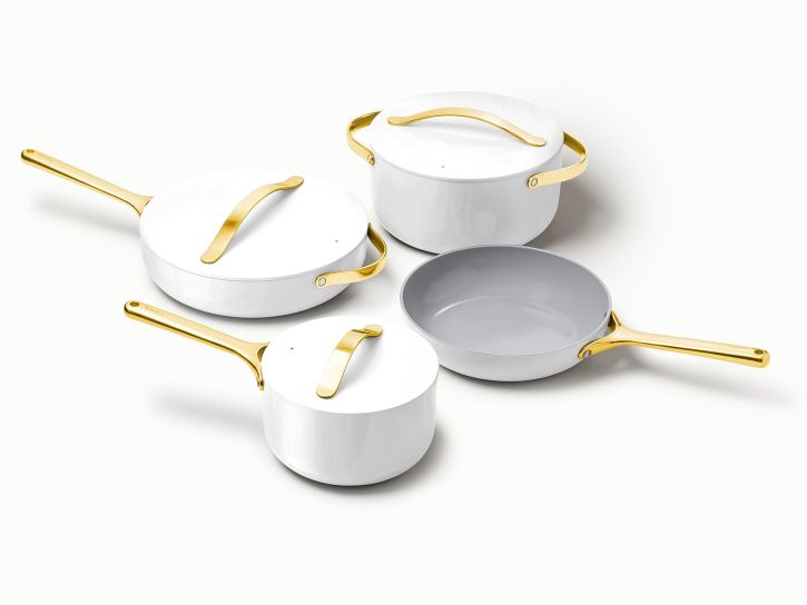White Pots And Pans With Gold Handles
