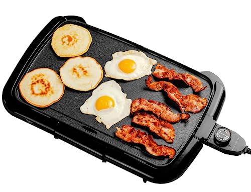 best electric skillet for pancakes - OVENTE Electric Griddle with 16 x 10 Inch Flat Non-Stick Cooking Surface, Adjustable Thermostat, Essential Indoor Grill for Instant Breakfast Pancakes Burgers Eggs, Black GD1610B