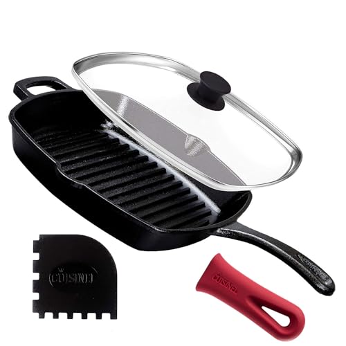 Cuisinel Cast Iron Square Grill Pan + Glass Lid + Pan Scraper + Handle Cover - 10.5