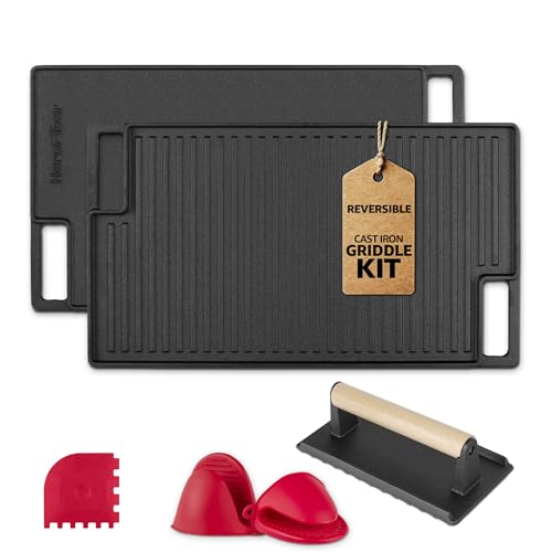 Cast Iron Reversible Grill/Griddle Set with Press, Scraper & Mitts - Pre-Seasoned, Non-Stick - 16.75