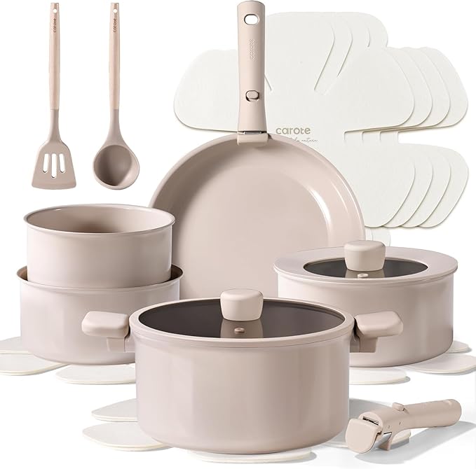 CAROTE 15pcs Ceramic Cookware Set, Pots and Pans Set Non Stick, Induction Kitchen Casserole Sets, Non Stick RV Set with Detachable Handle, Dishwasher/Oven Safe,