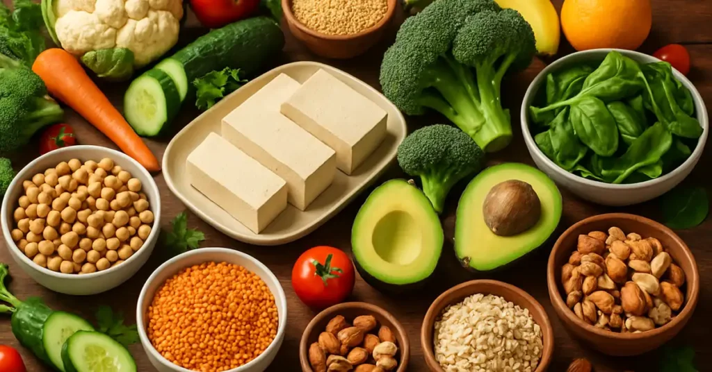 A vibrant and diverse spread of the best vegan substitutes ingredients, including fresh vegetables, fruits, nuts, and grains, artfully arranged on a rustic wooden table, conveying the abundance and health benefits of plant-based eating.