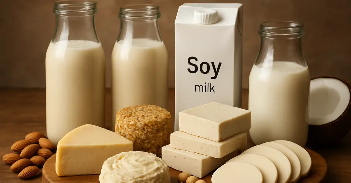 Best Vegan Substitutes-2 A collection of dairy alternatives, featuring various plant-based milks and vegan cheeses, beautifully presented to showcase the creamy textures and deliciousness of the best vegan substitutes dairy options.