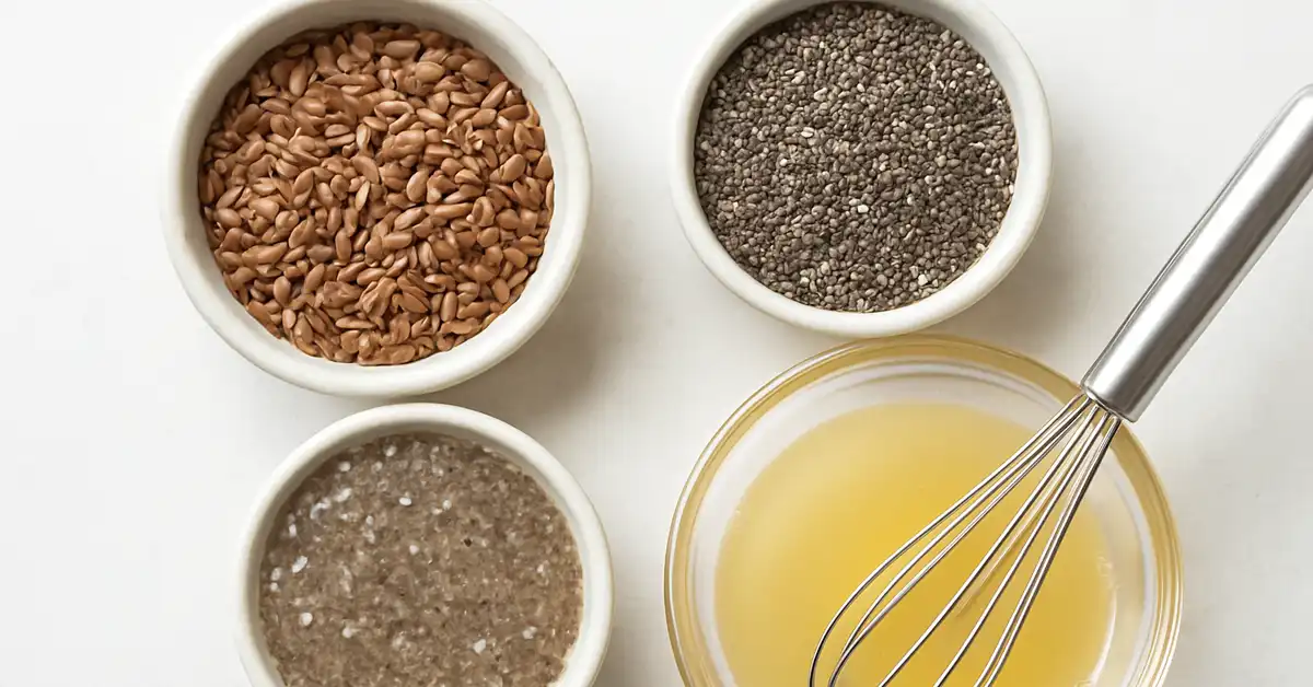 A close-up of ingredients for egg replacements, specifically flax seeds, chia seeds, and aquafaba, highlighting their use as effective and natural best vegan substitutes for eggs in baking and cooking.