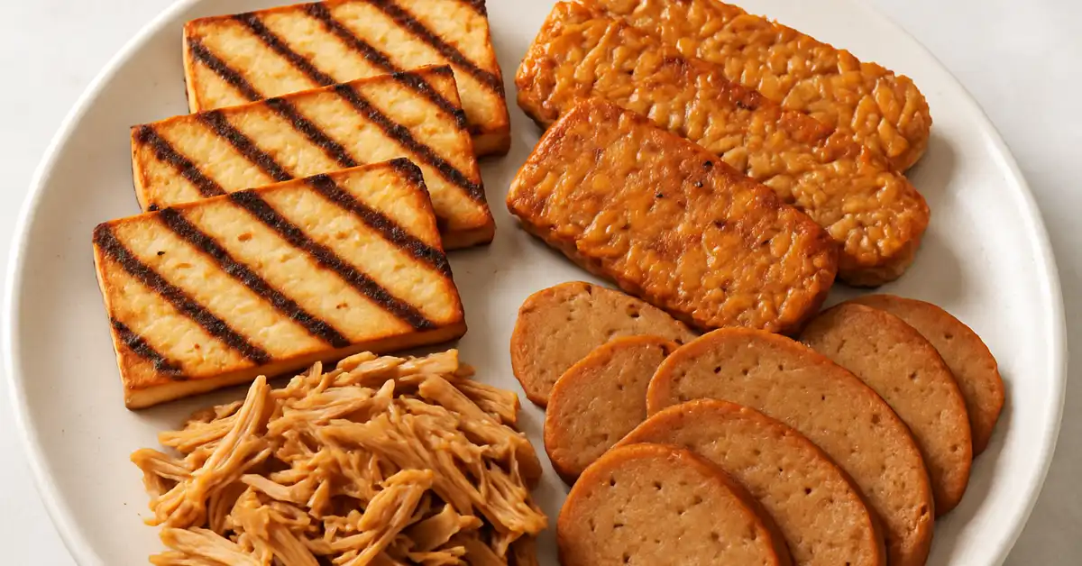 Best Vegan Substitutes-4 An appealing arrangement of various meat substitutes, including grilled tofu, pan-fried tempeh, seitan slices, and shredded jackfruit, demonstrating their versatility and appetizing nature as the best vegan substitutes for meat.