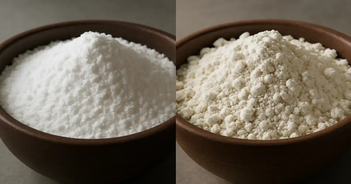 Cake Flour Or Bread Flour, A side-by-side comparison of fine, white cake flour and coarser bread flour, illustrating the key textural differences for baking.