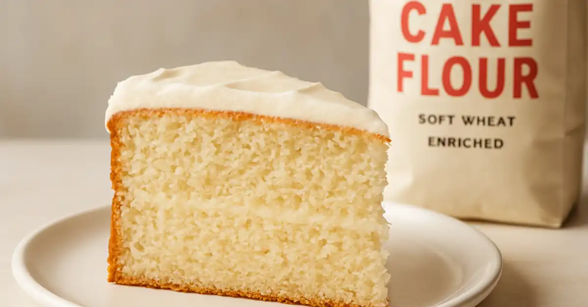 Cake Flour Or Bread Flour, A perfectly baked, light and fluffy slice of cake, with a bag of cake flour in the background, showcasing the ideal use for this type of flour.