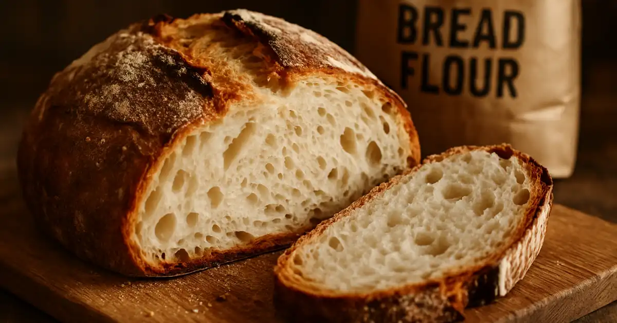 Cake Flour Or Bread Flour, A rustic loaf of freshly baked bread with a chewy crust, with a bag of bread flour, demonstrating the best use for high-protein flour.