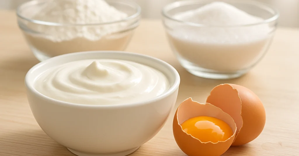 A bowl of plain yogurt next to a cracked egg, with baking ingredients like flour and sugar in the background, representing egg substitute yogurt options for baking.