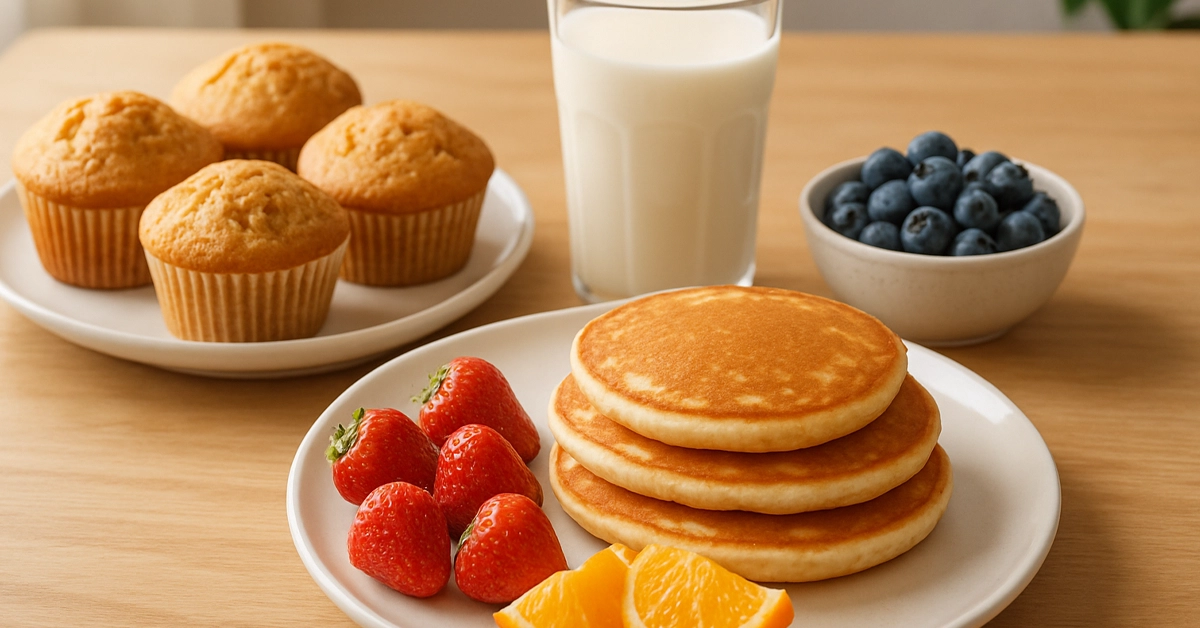 A healthy breakfast spread featuring baked goods made with yogurt, such as muffins and pancakes, alongside fresh fruit and a glass of milk, illustrating delicious results with egg substitute yogurt.