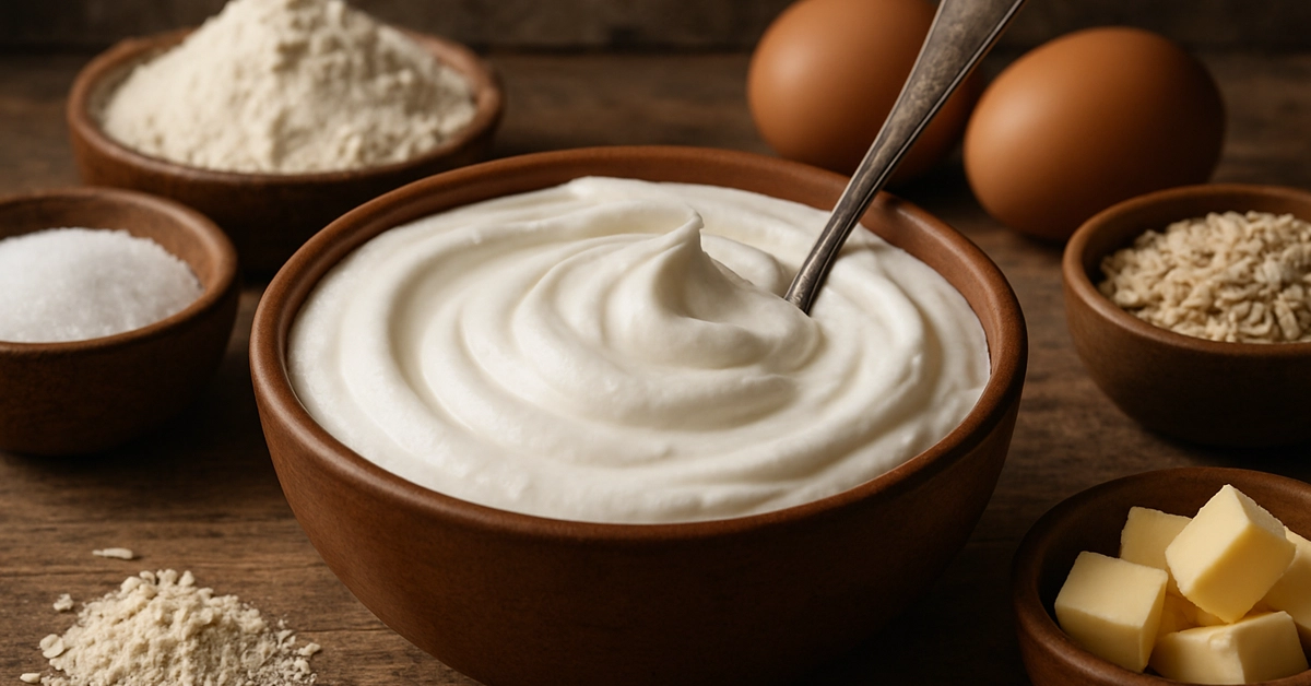 A bowl of thick Greek yogurt with a spoon, surrounded by various baking ingredients, emphasizing its creamy texture and suitability as an egg substitute yogurt