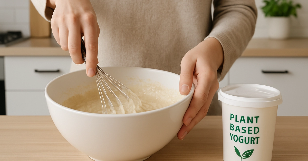 A person's hands mixing batter in a bowl, with a container of plant-based yogurt visible, showcasing the use of egg substitute yogurt  in the baking process.