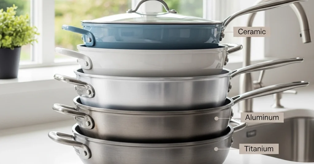 A collection of various 20 Inch Saute Pan types, including ceramic, aluminum, and titanium.