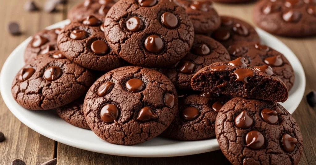 A plate of freshly baked, perfectly round gluten-free chocolate cookies, rich dark chocolate chips visible, with a slightly cracked top, on a rustic wooden table. This image highlights the delicious outcome of the Gluten Free Chocolate Cookie Recipe.