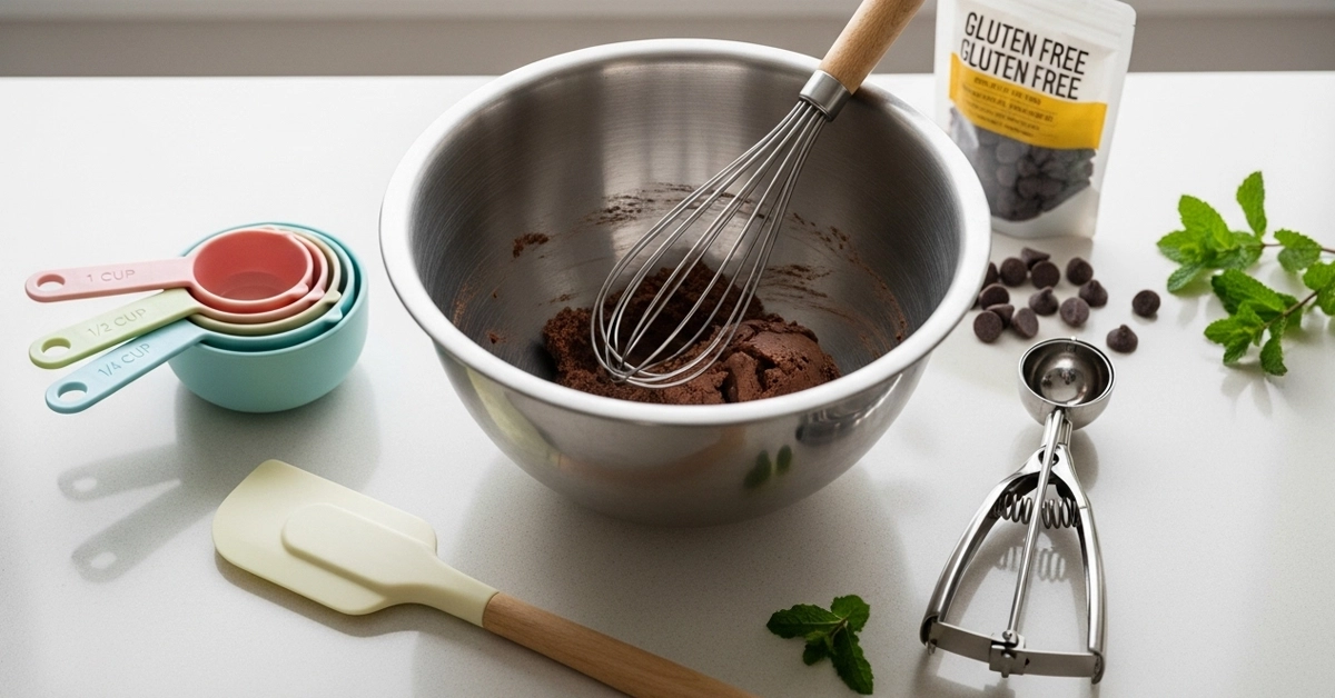 Essential baking tools for cookies, including a mixing bowl, whisk, spatula, measuring cups, and a cookie scoop, laid out on a light-colored kitchen surface. These tools are crucial for preparing a Gluten Free Chocolate Cookie Recipe.