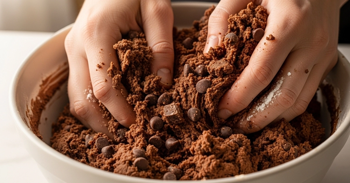 Hands gently mixing gluten-free chocolate cookie dough in a large bowl, with some chocolate chips visible, on a clean kitchen counter, focusing on the texture of the dough and the hands. This image captures a key step in making a Gluten Free Chocolate Cookie Recipe.