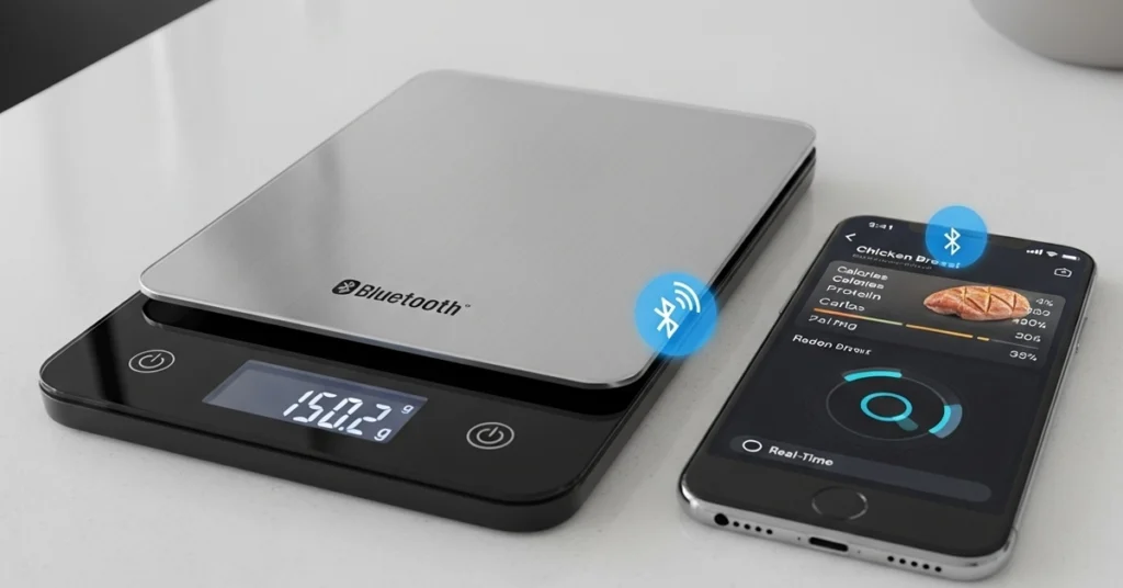 A modern kitchen with a sleek Bluetooth Food Scale connected to a smartphone displaying nutritional data, emphasizing precision and smart technology.