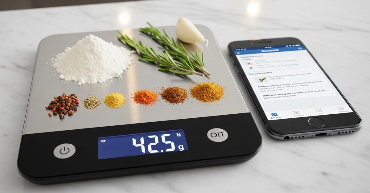 Blue tooth food scale-2 Close-up of ingredients being precisely weighed on a Bluetooth Food Scale, highlighting accuracy and ease of use in a modern kitchen setting.