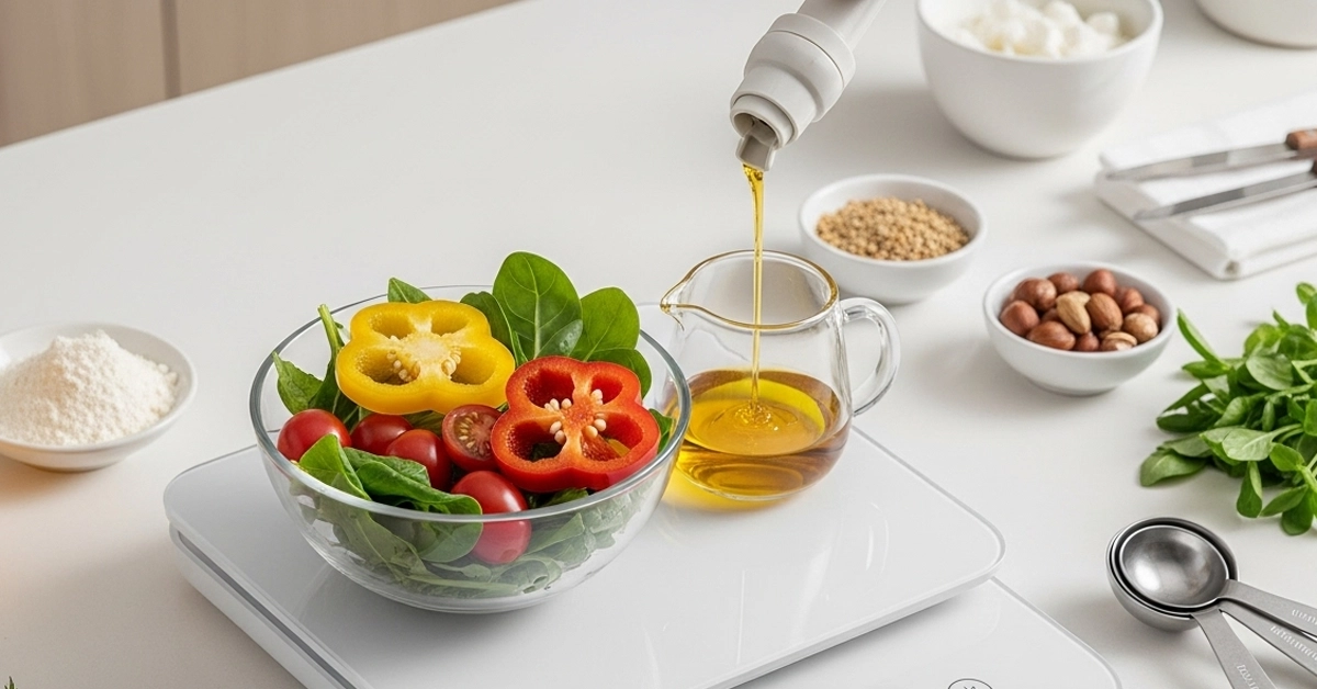 Blue tooth food scale-4 A versatile Bluetooth Food Scale measuring various food items, including solids and liquids, demonstrating its utility for diverse recipes and culinary needs.