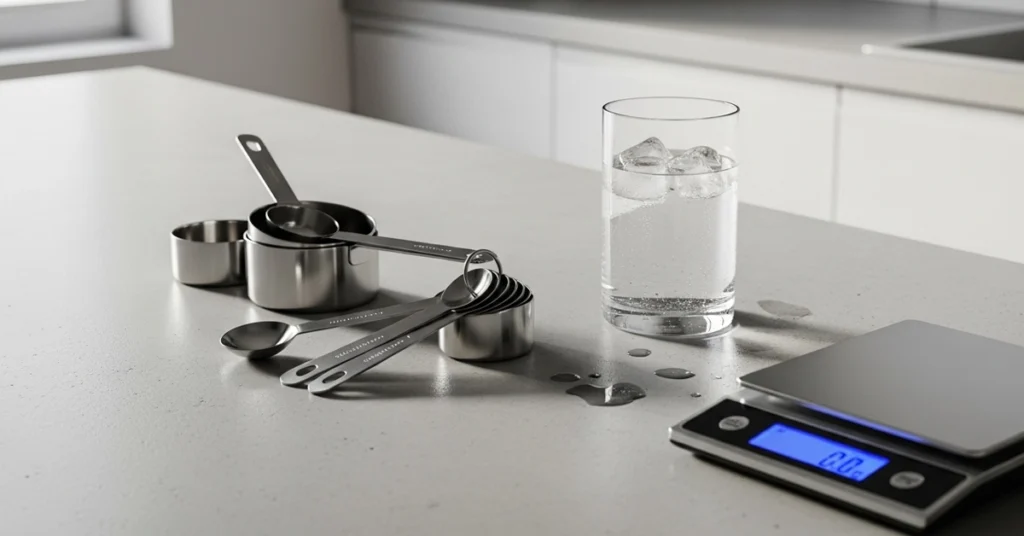 A clean kitchen counter with measuring cups, spoons, a glass of water, and a digital scale, illustrating how many milliliters in a cup.
