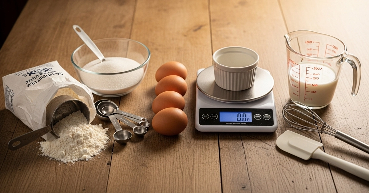Baking ingredients and measuring tools on a wooden table, emphasizing the precision of how many milliliters in a cup for recipes.