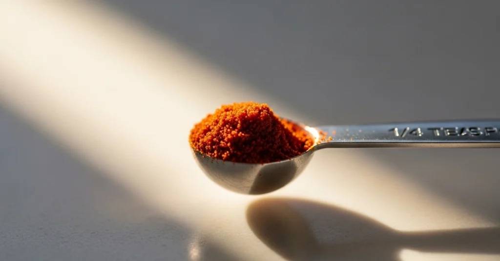 A close-up of a measuring spoon filled with a tiny amount of red spice, highlighting the precision needed for how much 1/8 teaspoon is in cooking.