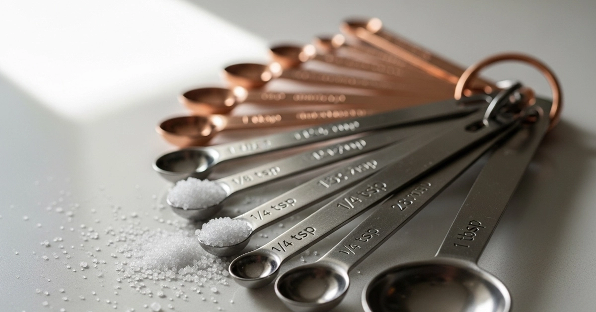 A set of various stainless steel measuring spoons fanned out on a clean kitchen counter, with a focus on the smaller spoons, emphasizing the importance of precise measurements like how much 1/8 teaspoon.